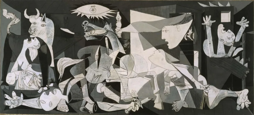 Mural Guernica de Pablo Picasso, representando o sofrimento e a destruição causados pela guerra, com figuras distorcidas em tons de preto e branco.